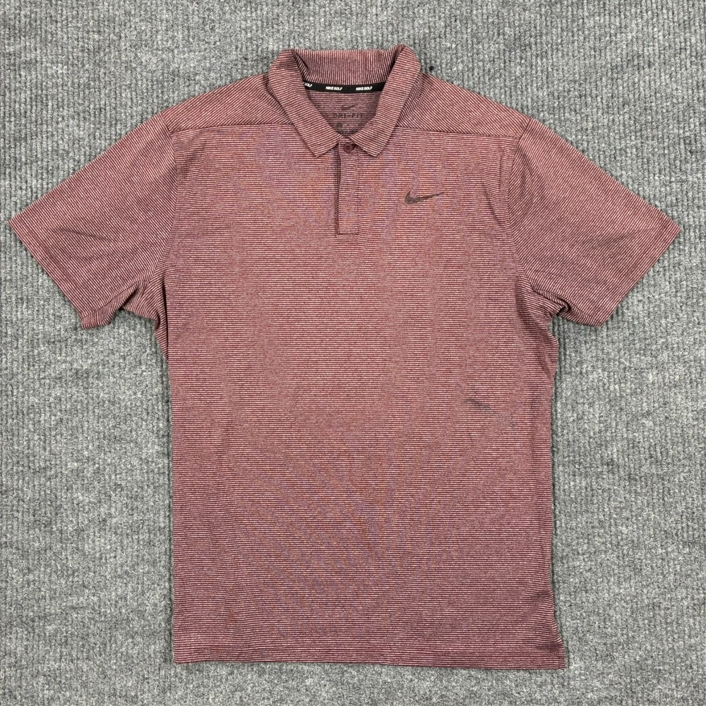 Nike Golf Dri Fit Polo Shirt Mens Large Red Striped Short Sleeve Swoosh Golf